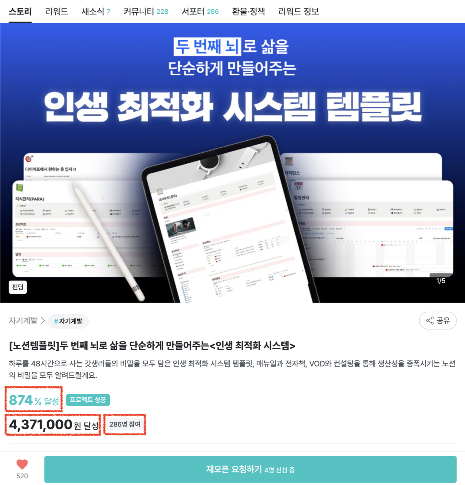 와디즈 펀딩 874%